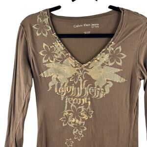 Vintage‎ Y2K Calvin Klein Brown Long Sleeve V-Neck Top – Grunge 2000s, SizeSmall